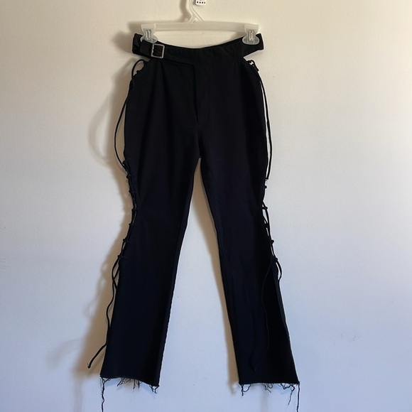 Stuck on Stupid Lace Up Pants Small Black Crop Flare Goth Emo Frayed Cut Out - Picture 3 of 11